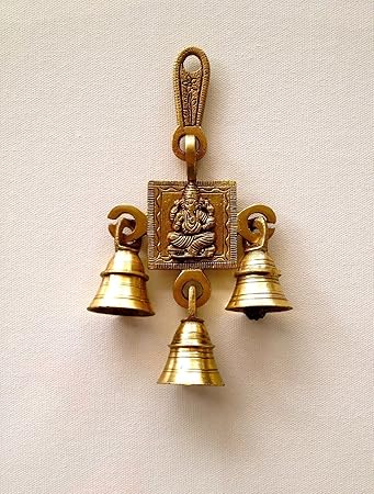 Two Moustaches Ganesha Design Brass Hanging Bells (3.2 x 6 inch, Pack of 1)