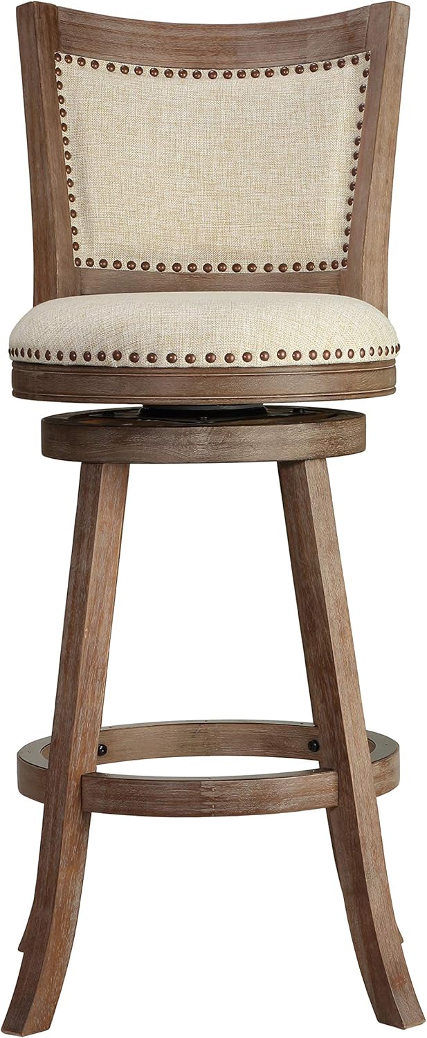 Cortesi Home Padded Back Marko Bar Stool Beige Fabric Swivel Seat, 30", Driftwood