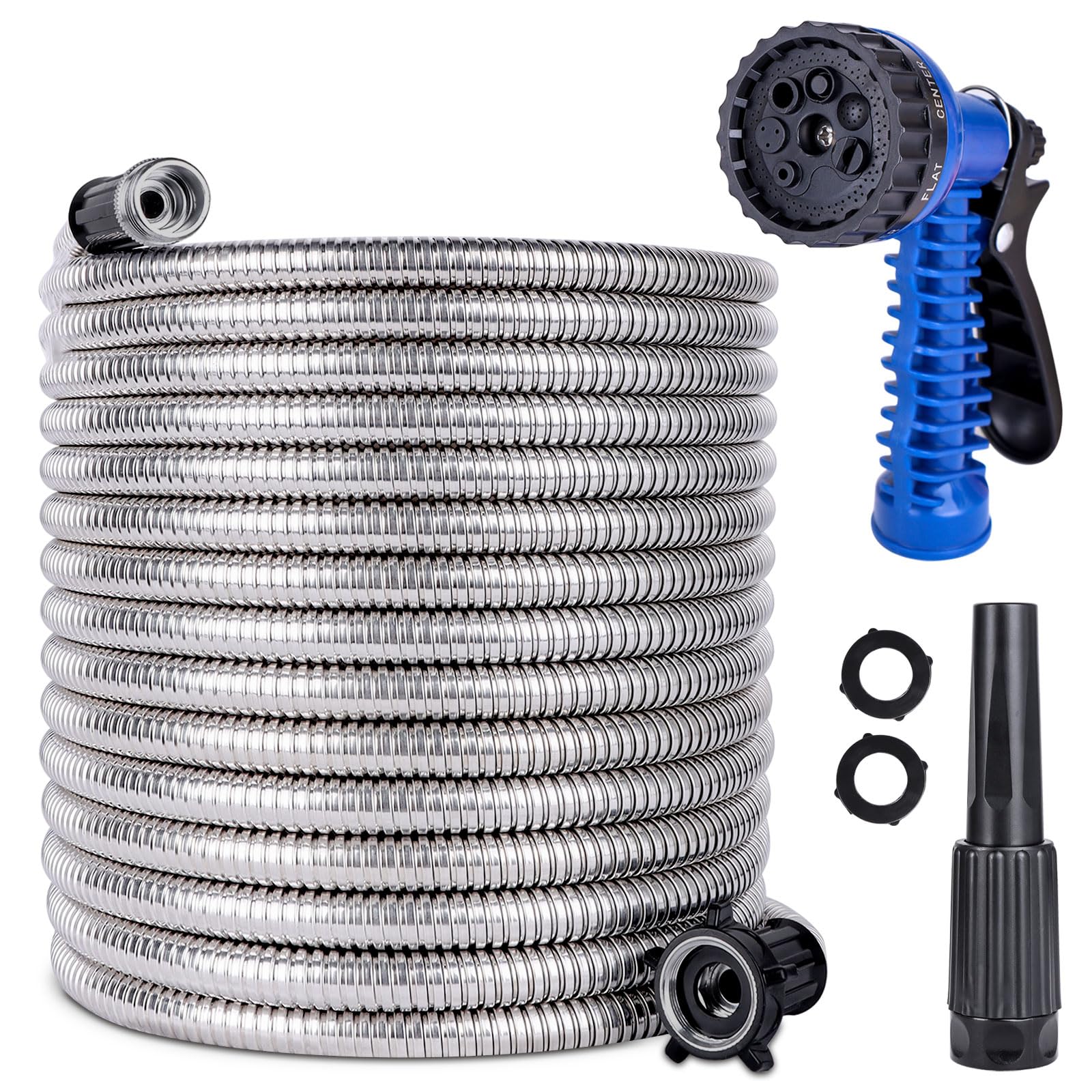 Photo 1 of Swity Home Garden Hose with 2 Nozzles, 100 ft Flexible Water Hose Stainless Steel Garden Hose Tube Metal Water Tube Pipe with 7 Function Adjustable Nozzle + Powerful Nozzle for Multi Purpose