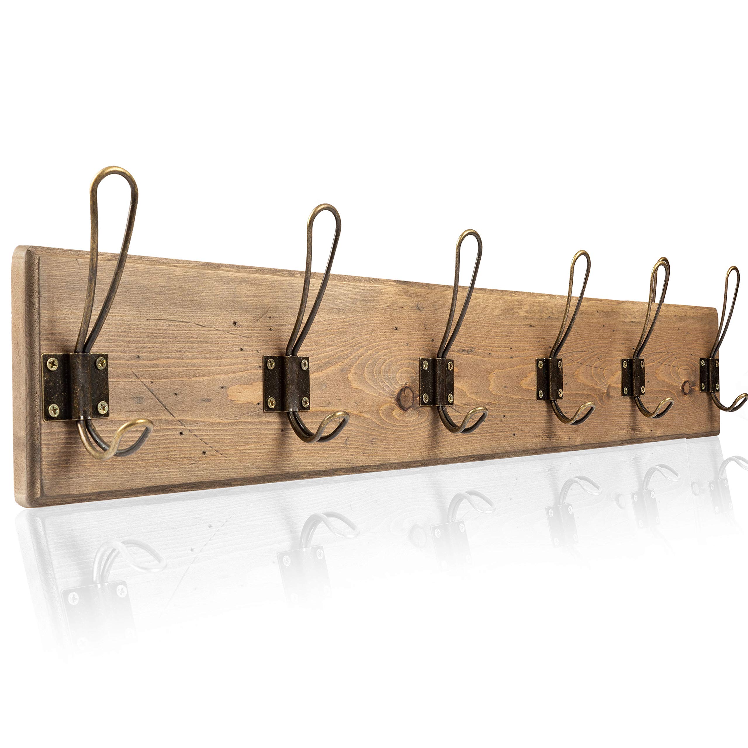 Wall Mounted Coat Rack - Rustic Wooden 6 Hook Coat Hanger Rail, Distressed Wood, Antique Brass Hooks