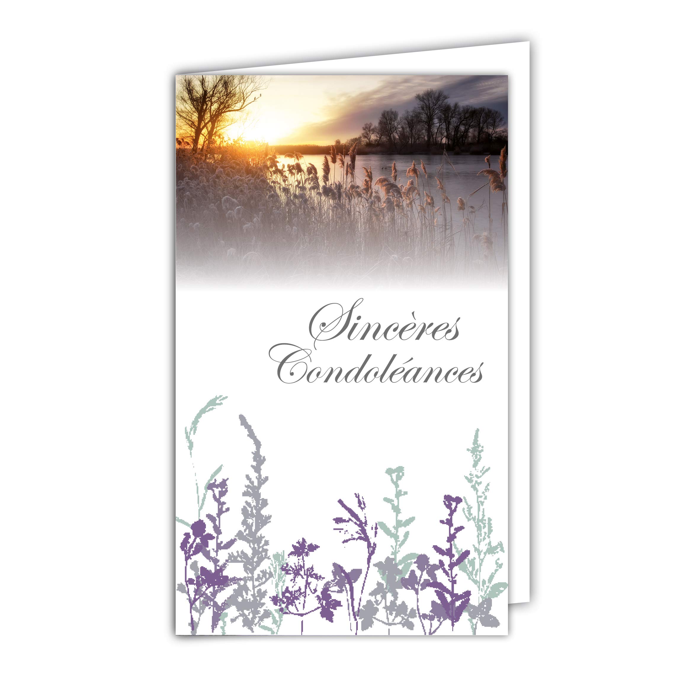 Small Grey Greetings Condolence Card - Dead Deuil Landscape - Peaceful Sunset - Flying Birds - Doves - Peace - Water - Lake - Grass - Made in France