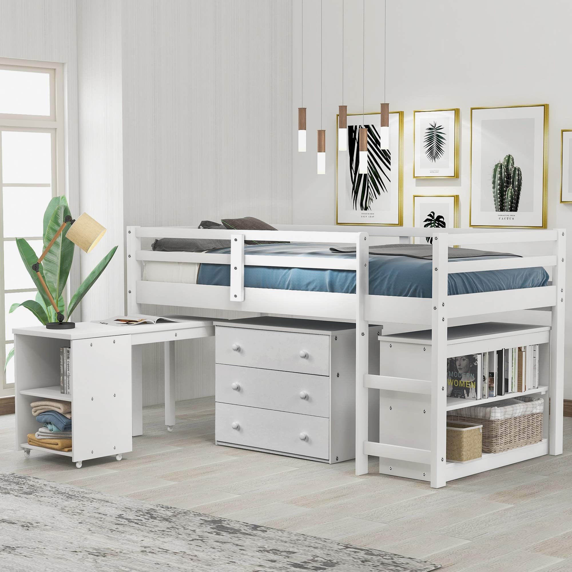 Low Study Twin Loft Bed with Cabinet and Rolling Portable Desk, Low Loft Bed with Guard Rail and Ladders for Kids and Teenagers Bedroom, Guest Room Furniture Ship from USA Local Warehouse (White)