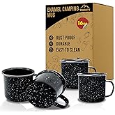 Toughty Enamel Camping Mug – Retro Vintage Campfire Tin Cup, Rustic Backpacking Mug for Hiking, Coffee, Farmhouse, Diner, Hot Drinks, Tinware, and Backpacking Gear – Set of 4 – Black – 16 Oz