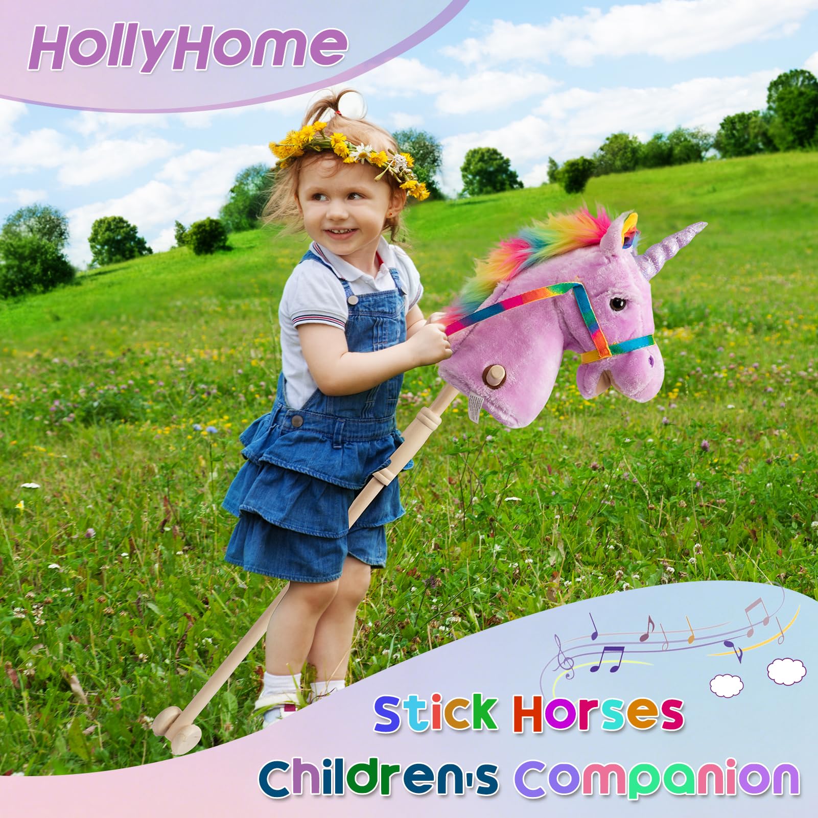 HollyHOME Unicorn Stick Horse Handcrafted Hobby Horse on a Stick with Wood Wheels Real Pony Neighing and Galloping Sounds Plush Unicorn Toy Purple 36 Inches(AA Batteries Required)