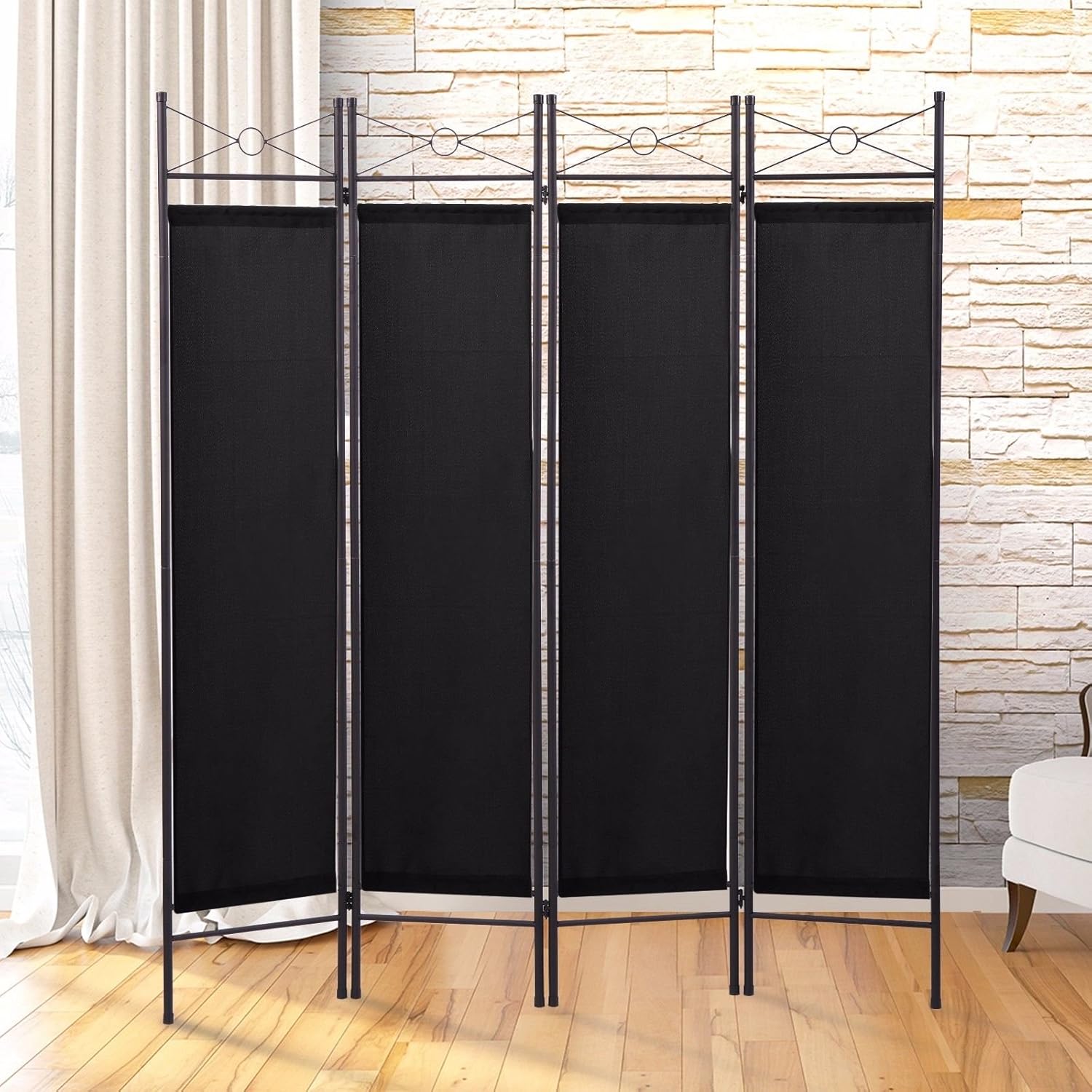 JAXPETY 4 Panel Room Divider Folding Privacy Screens Home Office Fabric Metal Frame, Black -