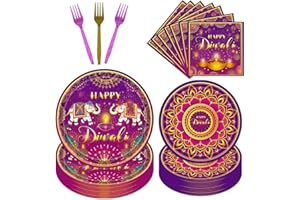 Deorfuy Happy Diwali Party Tableware Decorations, 96PCS Diwali Disposable Plates Napkins and Forks Set, Colorful Indian Themed Party Decorations Supplies Serve 24