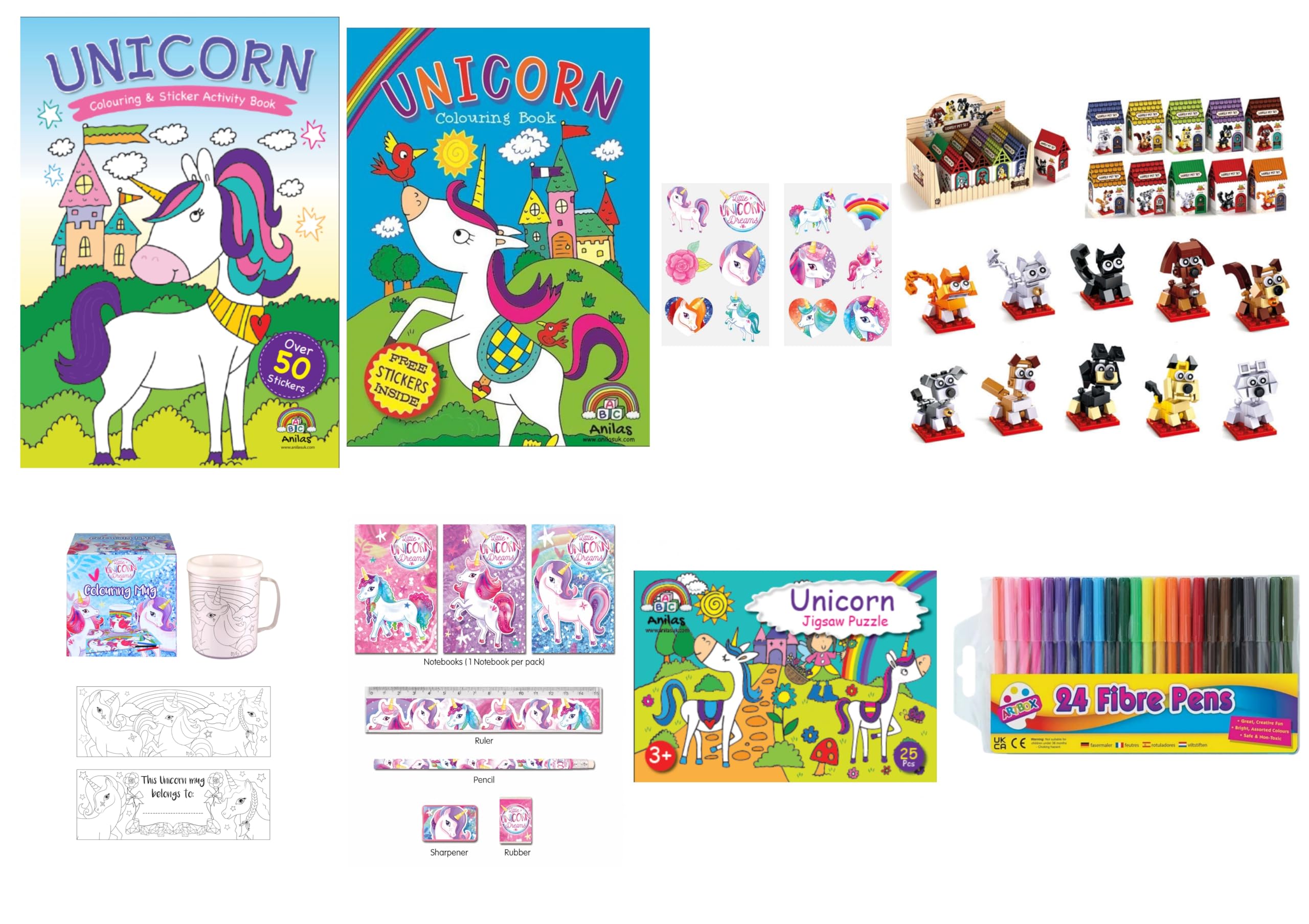 Anila's Unicorn Activity Set with Colouring, Sticker & Activity Books, Puzzle, Tattoos, Colouring Mug, Construction Building Set, Stationery & Felt Tips. (Perfect for Ages 4-8)