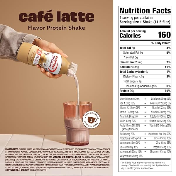 PREMIER PROTEIN SHAKE, CAFÉ LATTE, CAFFEINATED, 30G PROTEIN, NO ADDED SUGAR, 24 VITAMINS & MINERALS TO SUPPORT IMMUNE HEALTH, 11.5 FL OZ, 12 PACK (PACKAGING MAY VARY)
