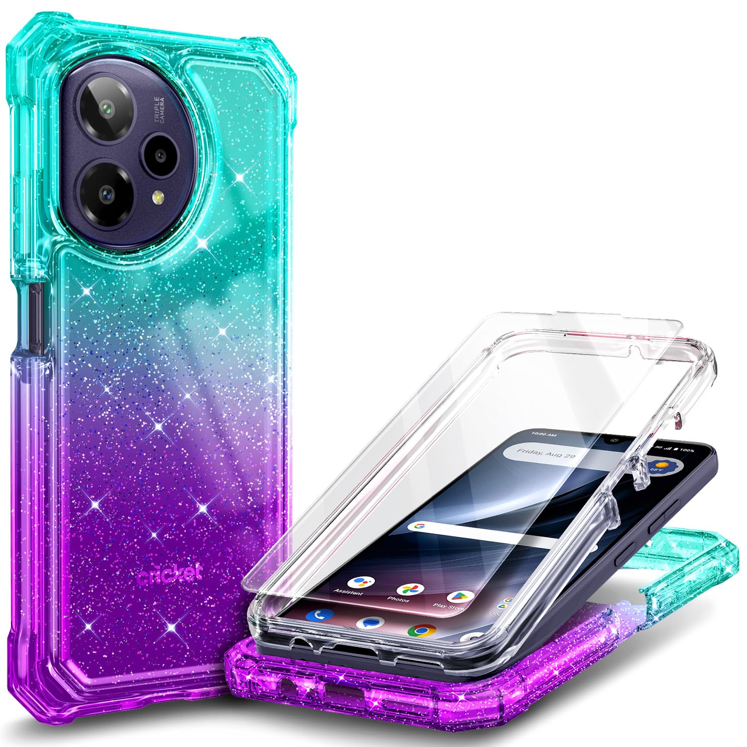 WDHD Compatible with Cricket Icon Plus 2026 & AT&T Verge 2 Phone Case, Glitter Aqua/Purple | with Screen Protector | 9FT Military Grade Drop Tested, Full-Body Protective Shockproof Rugged Bumper Cover