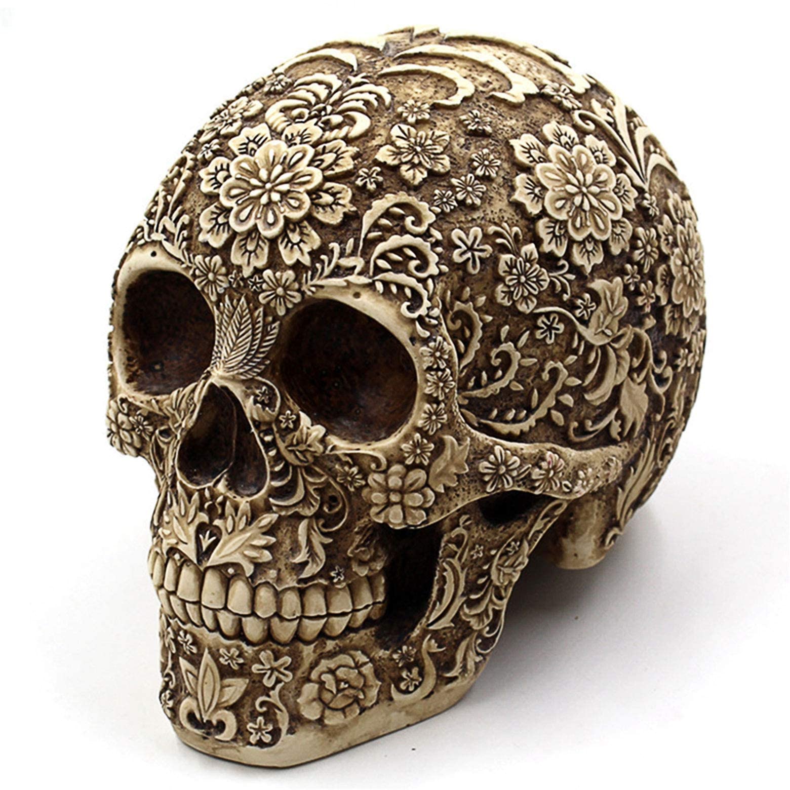 Wynameleri Creative Skull Flowers Sculpture 8.1" Human Head Skeleton Statue Collectible Halloween Decoration Home Decor, Ornate Flower Skull Face Home Decor Realistic Human Head model Sculpture Gi-fts