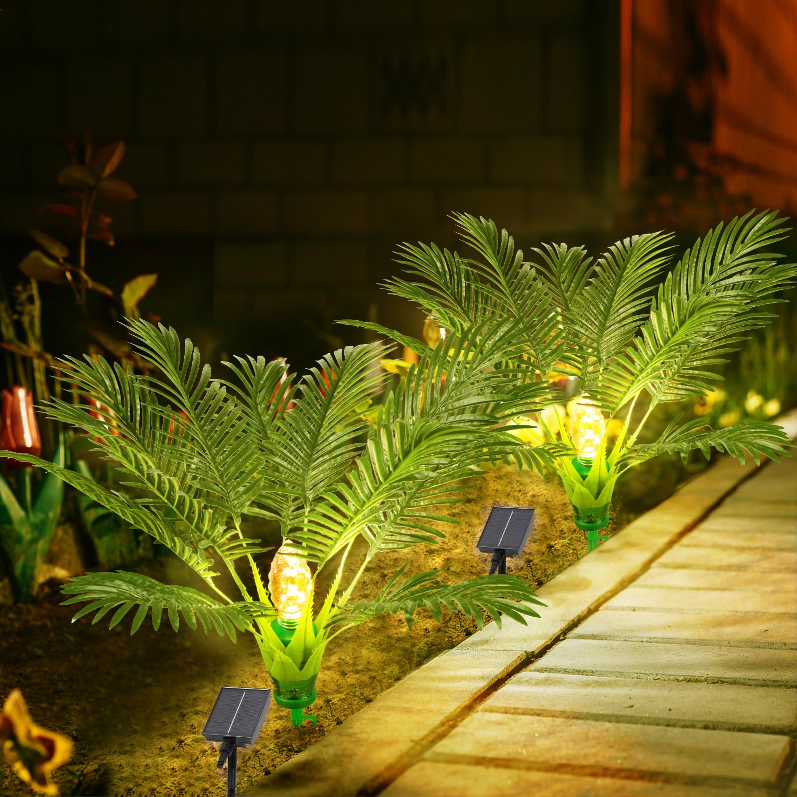 Photo 1 of 2 Pack Artificial Plants Outdoor with Solar Light 25" Prelit Christmas Tree with Spike Pathway Light with 8 Lighting Modes for Xmas Decoration Yard Patio Garden Walkway Sidewalks Landscape- Palm Tree