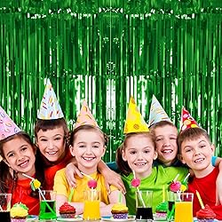 2 Pack Green Tinsel Curtain Party Backdrop, 3.2Ft x