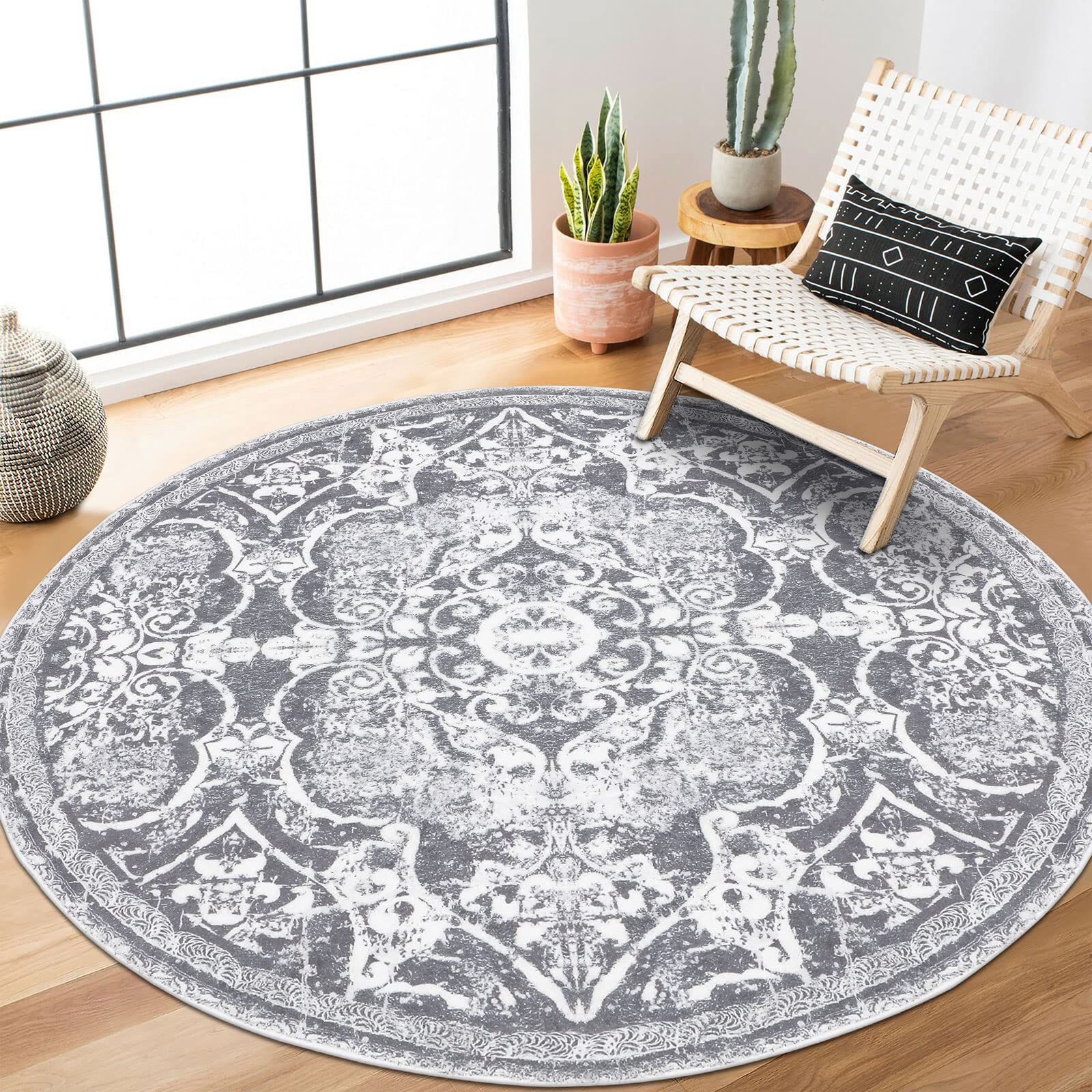 Enyhom Round Rugs for Living Room 120cm, Vintage Floral Pattern Circle Rug Machine Washable Boho Carpet Floor Rugs Non Slip Soft Carpet Rug for Bedroom Kitchen Home Decor, Grey