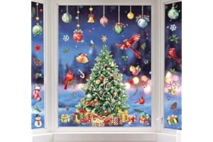 Whaline 6 Sheet Large Christmas Window Clings Watercolor Xmas Tree Cardinal Bird Pine Reusable Window Decals for Winter Holiday Party Home School Office Decor