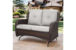 Bellefurn Patio Loveseat Wicker Loveseat Rattan Glider Sofa with Curved Armrest Thicking Back & Seat Cushions for Garden Balcony Backyard Brown Wicker|Beige Cushions (A) Patio Loveseat Glider
