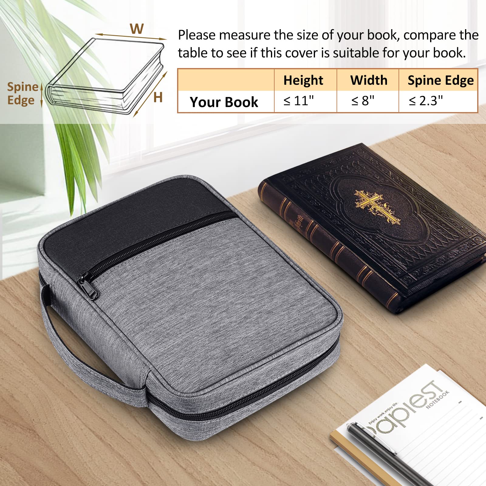 FINPAC Bible Cover, Carrying Book Case Church Bag Bible Protective with Handle and Zippered Pocket, Gift for Mother Lady Women Men, Gray