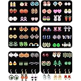 54 Pairs Hypoallergenic Holiday Earrings Set for Girls Women Halloween Christmas Fall Thanksgiving Earrings Valentine's Day St. Patrick’s Day Easter 4th of July Earring