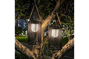 TRIROCKS Set of 2 Solar Lantern Outdoor Table Lamp Outside Hanging Solar Lights with Olifen Rope Waterproof Rattan Outside De