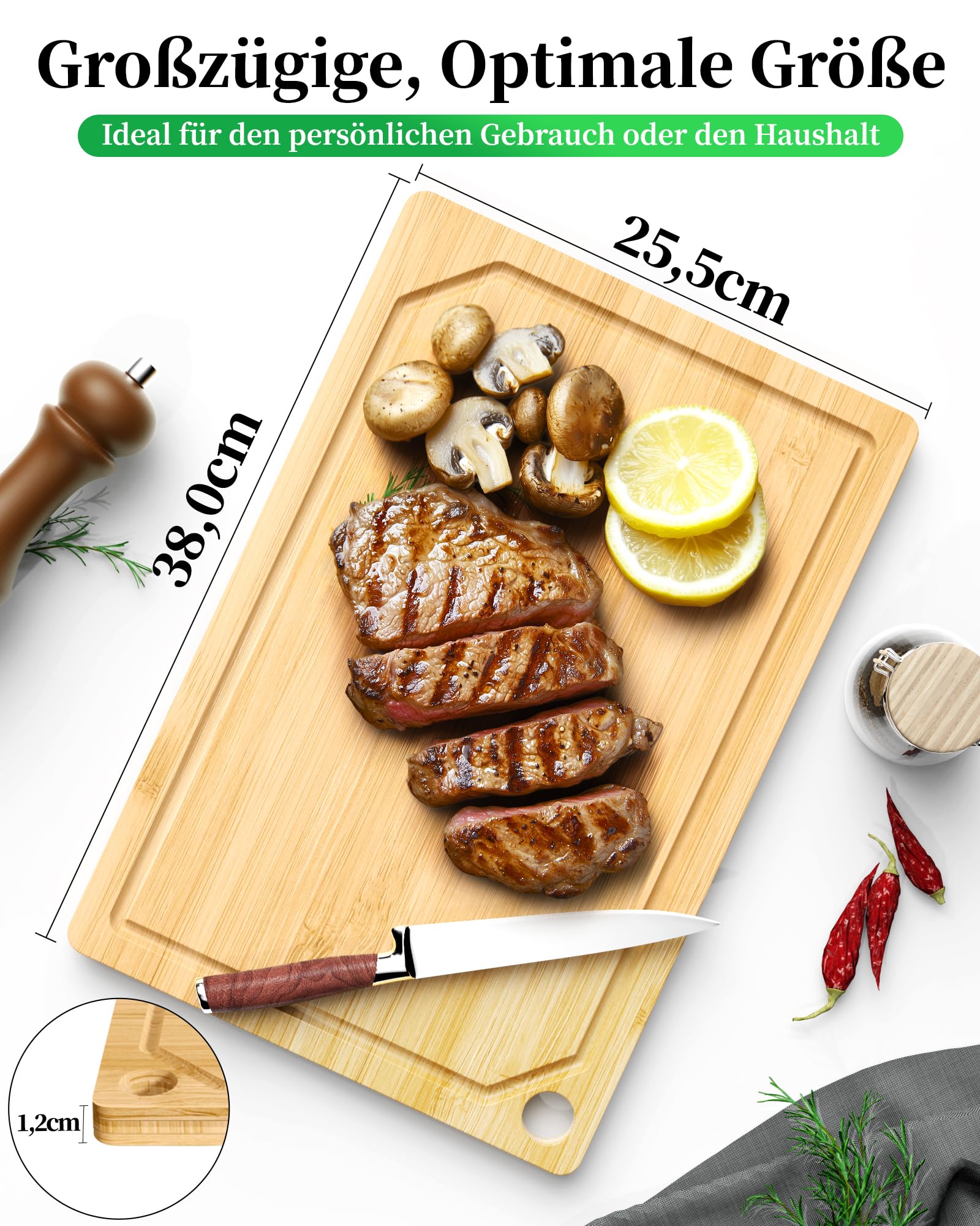 Kitsure Bambus-Schneidebrett – Holzschneidebrett, mit tiefen Saftrillen, zum Schneiden, Hacken & Servieren, groß, natur, 38.0 x 25.5 x 1.2 cm 2