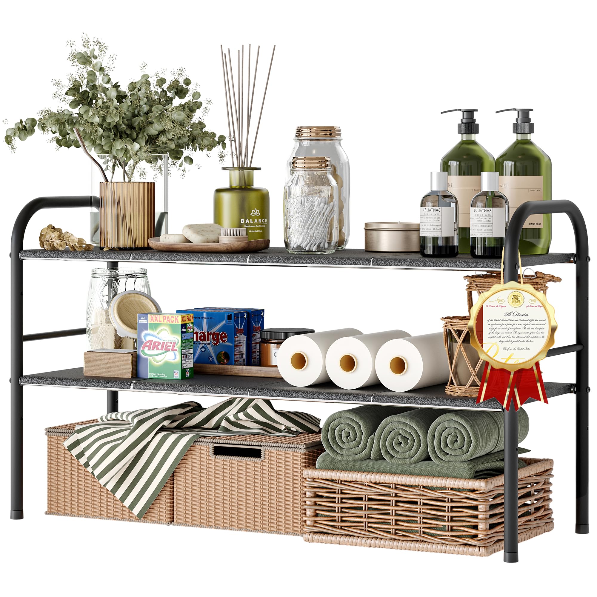 NETEL Expandable Under Sink Storage, 2 Tier Under Sink Organiser Height Adjustable With 8 ABS Plates, Metal Frame, Kitchen Cupboard Organiser, Shoe Rack, Multifunctional Storage Rack, Width 52-82cm