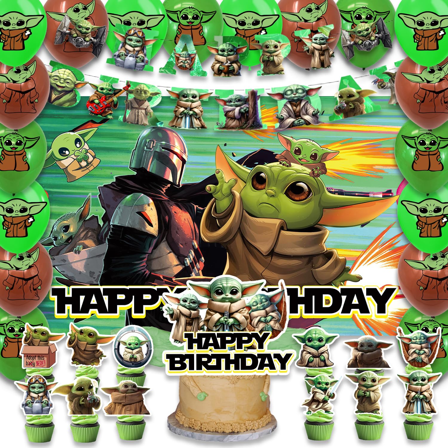 Photo 1 of Omto 42pcs Baby Yoda Party Supplies Pack Includes Banner, Cake Topper, Blackdrop, Balloons for Yoda Birthday Party Decoration