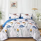 WONGS BEDDING Blue Quilt Set Queen Size,Cute Floral Botanical Bedspread Bedding Set with 2 Pillowcase,Lightweight Farmhouse Coverlet Set for All Season (96"x90")