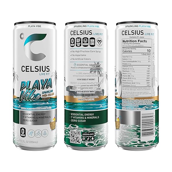 CELSIUS PLAYA VIBE SPARKLING PINA COLADA, SUGAR FREE ENERGY DRINK, 12 FL OZ (PACK OF 12)