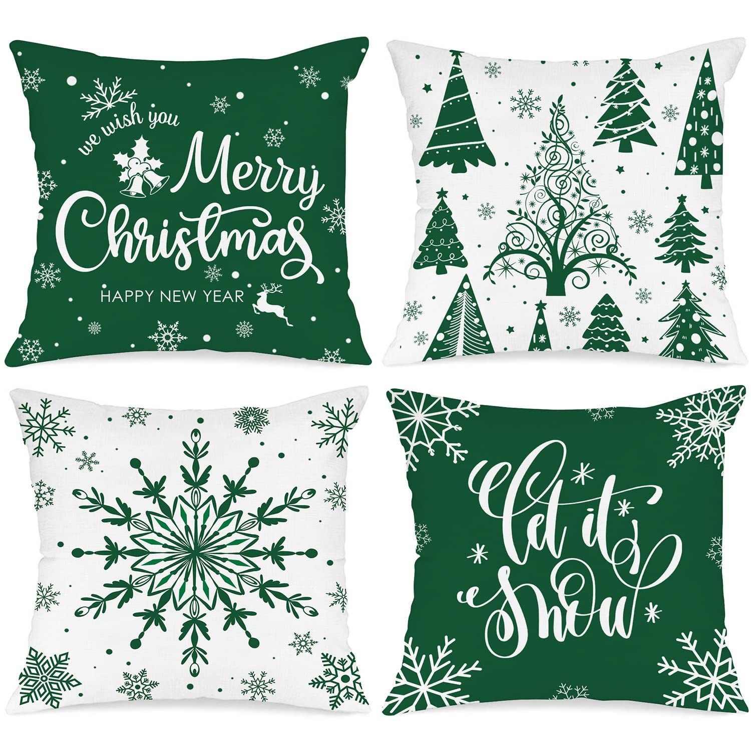 Lanpn Christmas Cushion Covers 40x40 Set of 4, Merry Christmas Winter Xmas Snowflake Decorative Holiday Throw Pillow Cases 16x16 for Outdoor Indoor Farmhouse Home Room Couch Decor (Green)
