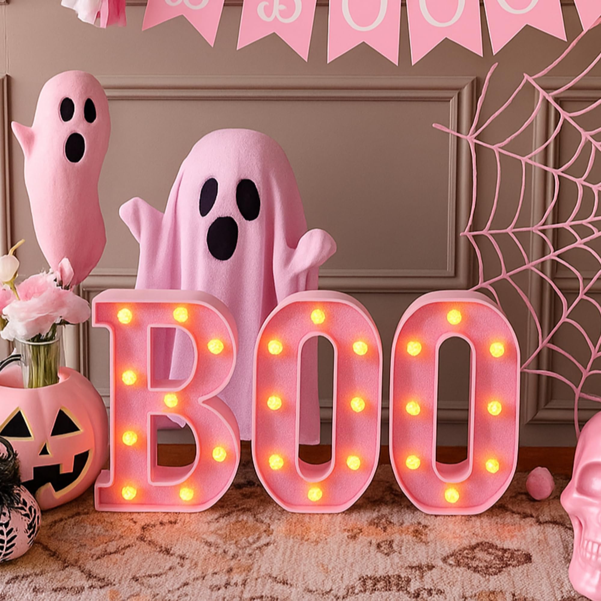 Photo 1 of Baquler 3 Pcs Halloween Boo Decorations Light up Boo Sign Marquee LED Letters Lights Decor for Halloween Outdoor Home Room Kitchen Fireplace Tabletop Party Supplies (Pink)