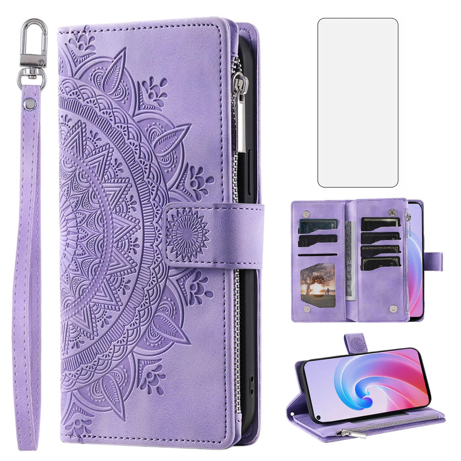 Phone Case for OPPO Realme 9i 4G/A76 4G/A96 4G/A36 4G Wallet Cover With Tempered Glass Screen Protector and Wrist Strap Mandala Flower Leather Flip Zipper Credit Card Holder Stand Cell Women Purple
