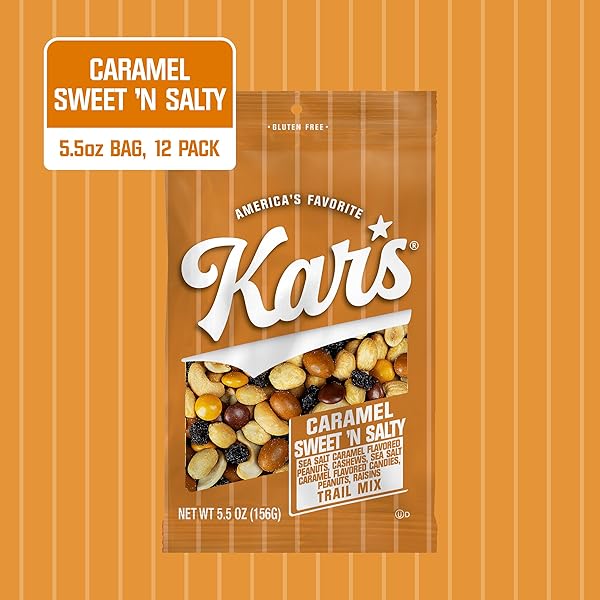 KAR’S NUTS CARAMEL SWEET ‘N SALTY TRAIL MIX, 5.5 OZ RESEALABLE POUCH (PACK OF 12), GLUTEN-FREE TRAIL MIX SNACK
