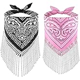 OYANIMO Disco Fringed Bandana 2 Pcs Cowgirl Bachelorette Bandanas Sparkly Rhinestone Fringe Bandanas for Women Men Western
