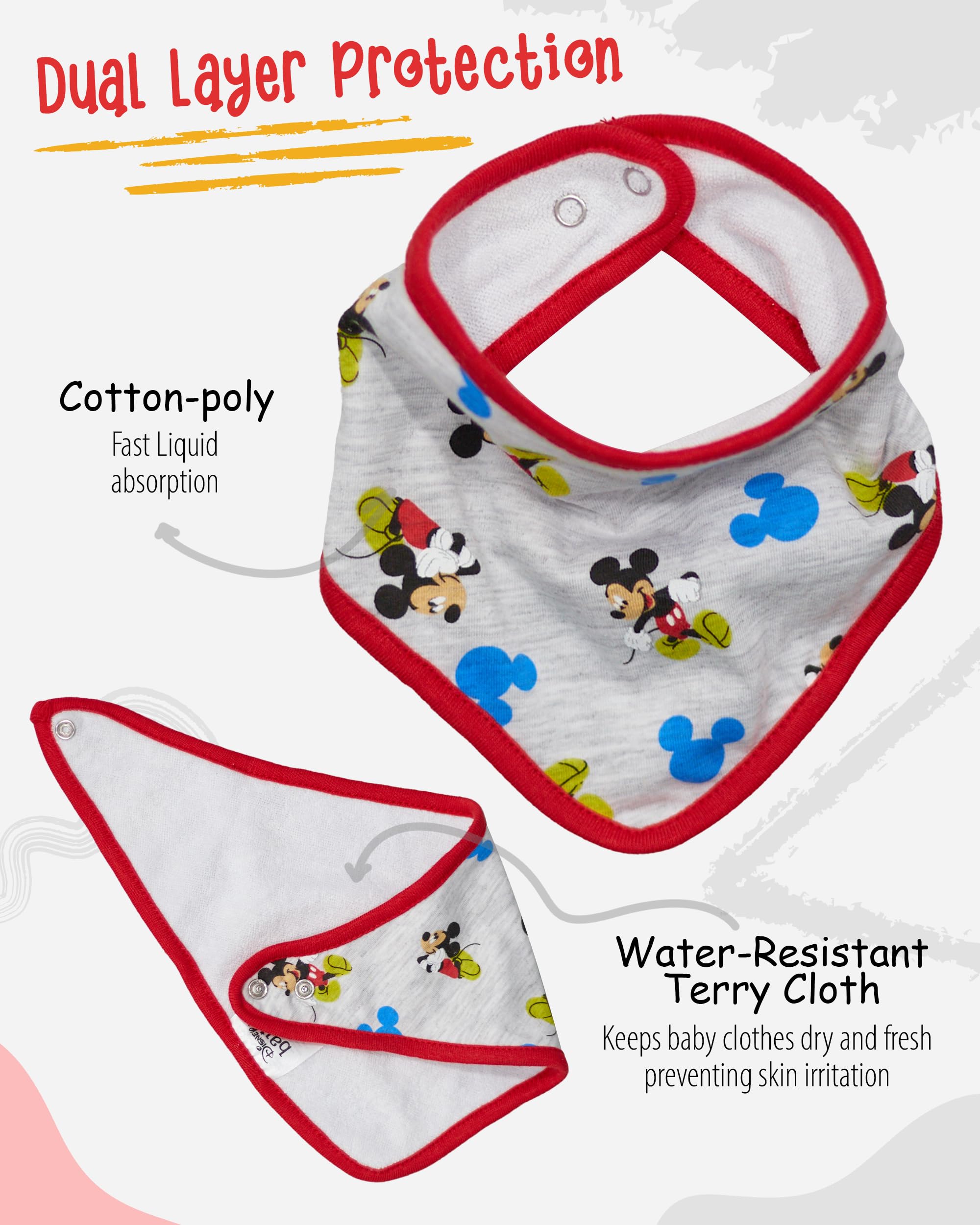 Disney Mickey Mouse Baby Bandana Bib 3 Pack, Mickey Mouse Baby Bibs (Blue/Red/Grey, 0-12M)