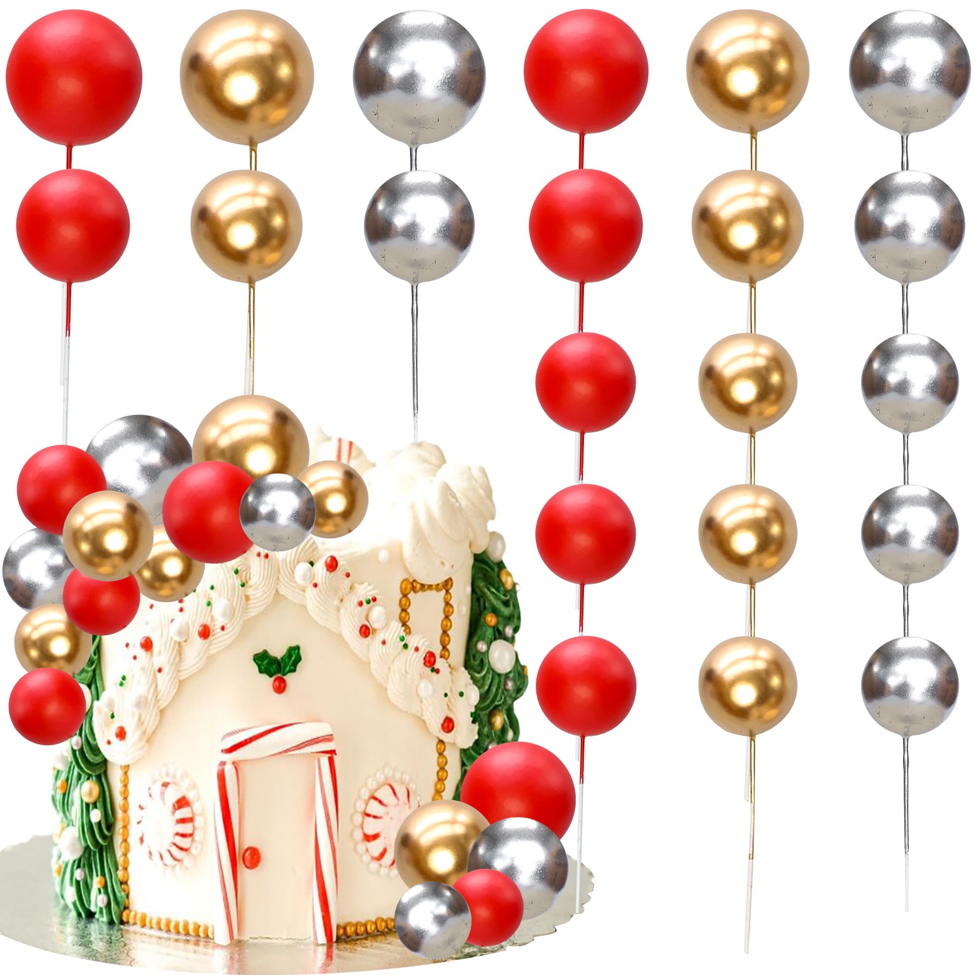 Gyufise 30Pcs Christmas Mini Balloon Cake Topper Foam Ball Cake Picks Cupcake Faux Pearl Balls DIY Cake Insert Topper Decoration for Christmas Anniversary Graduation Birthday Party Red Gold Silver