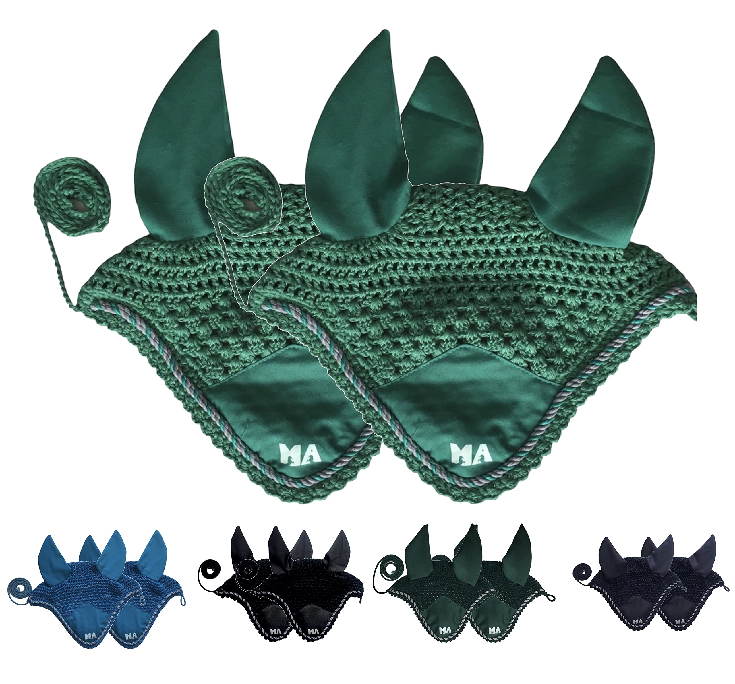Majestic Ally 2 Pcs Handcrafted Crochet Fly Veil with Ear Net and Braided Rope for Horse (Turquoise)