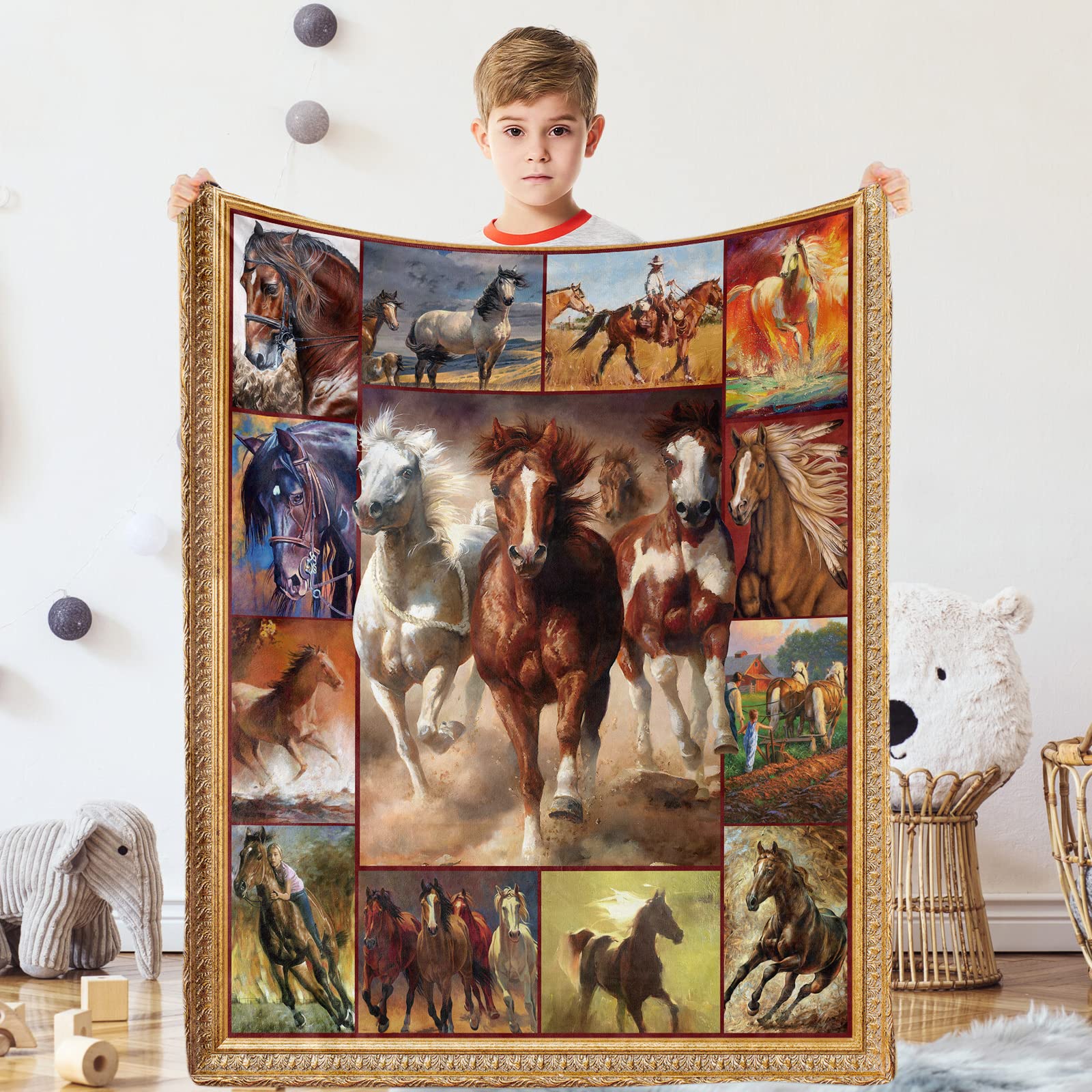 Lingqiang Horse Throw Blanket Gifts for , Watercolor Horse Soft Cozy Plush Flannel Blanket for Horse Lover, 100 x 130 cm Brown Horse Race Fleece Fluffy Blanket for Toddler Couch Bed Sofa — image 1