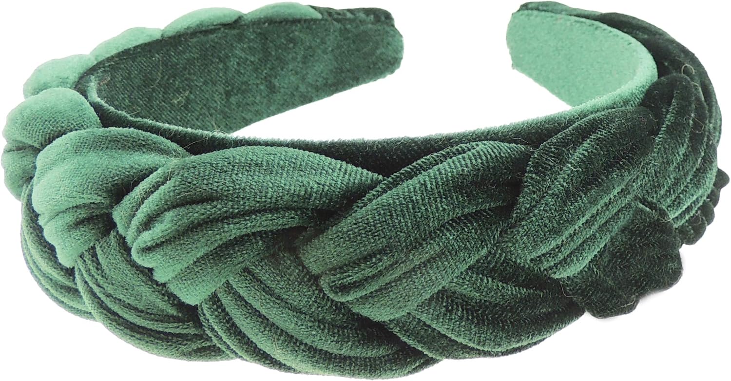 Womens Luxury Occasion Wedding Bridal Party Birthday Christmas Evening Luxury Wide Thick Plaited Braided Twist Turban Padded Velvet Velour Hair Hairband Accessories Headband Alice Band (Emerald Green)