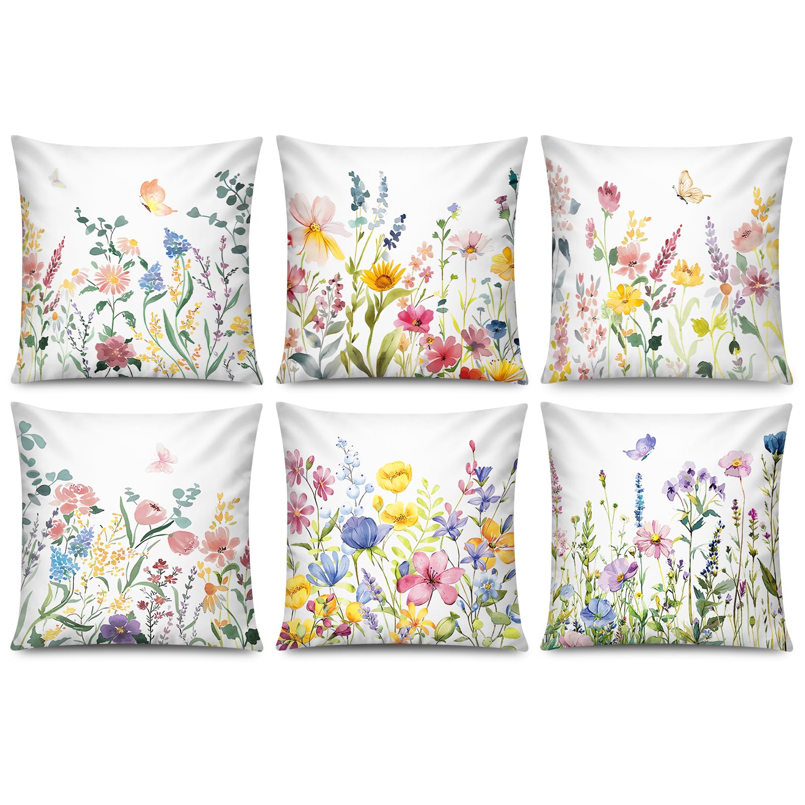 Photo 1 of COMMINY 6 Pack Spring Floral Pillow Cover 18x18 Blossm Flower Throw Pillow Covers Vibrant Color in 6 Unique Patterned Cushion Covers for Couch Sofa Living Room Home 6 P