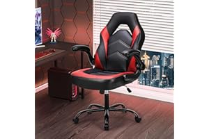 NEWBULIG Computer Gaming Desk Chair - Big Tall Ergonomic Lumbar Support with Flip-up Armrest and 360° Swivel Wheels, PU Leather Height Adjustable, for Home and Office, Red