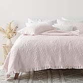 HORIMOTE HOME Pink Ruffled Quilt King Size, Stone-Washed Microfiber Lightweight Crinkled Farmhouse Rustic Shabby Chic Bedding Set, 3 Pieces Reversible Bedspread with Pillow Shams for All Season