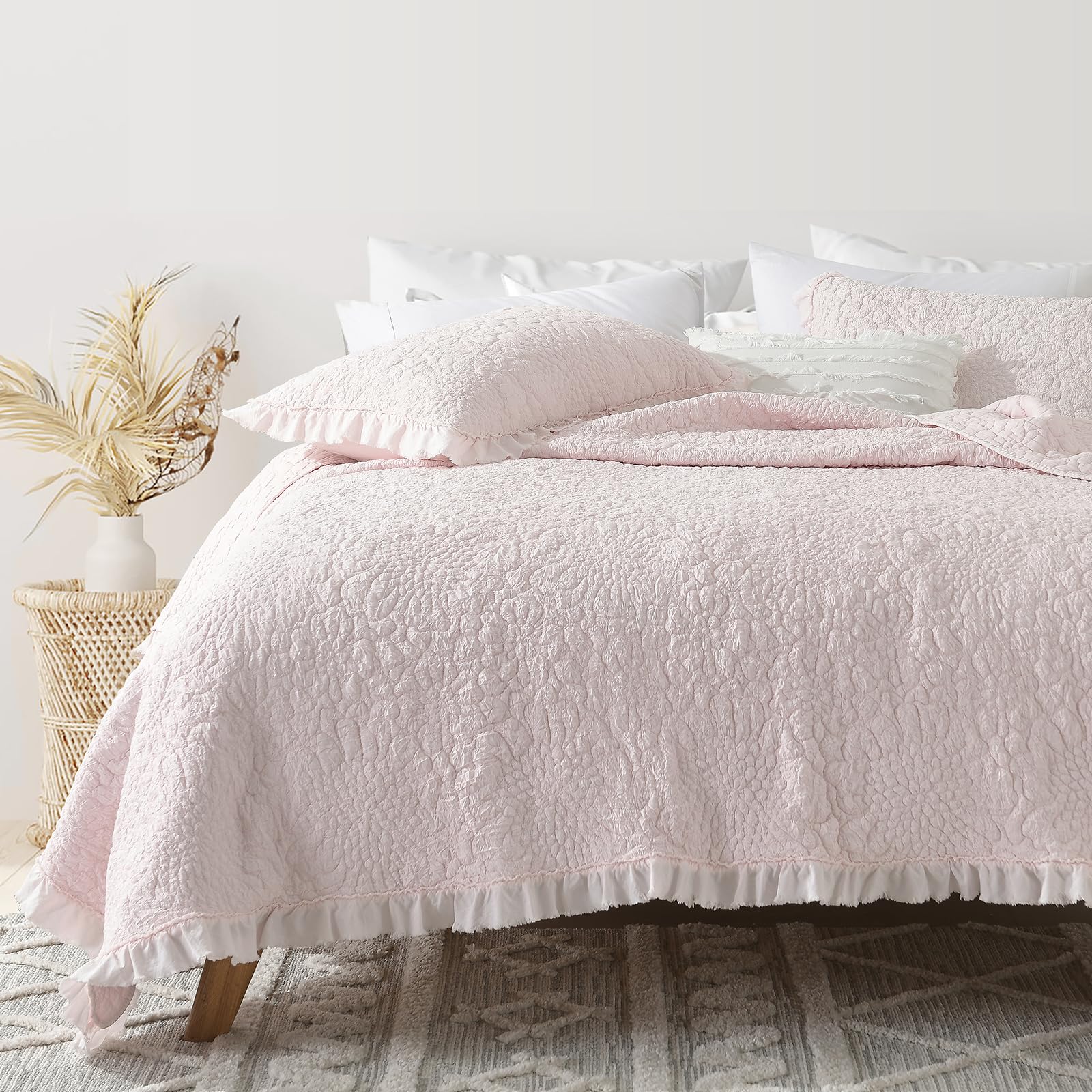 Photo 1 of ***DAMAGED - SEE NOTES/PICTURES*** HORIMOTE HOME Pink Ruffled Quilt Twin Size, Stone-Washed Microfiber Lightweight Crinkled Farmhouse Rustic Shabby Chic Bedding Set, 2 Pieces Reversible Bedspread with Pillow Sham for All Season