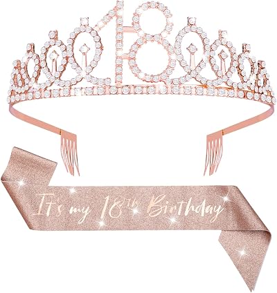 Abeillo 18th Birthday Sash & Tiara Set Rose Gold Girls Party Crown Gift