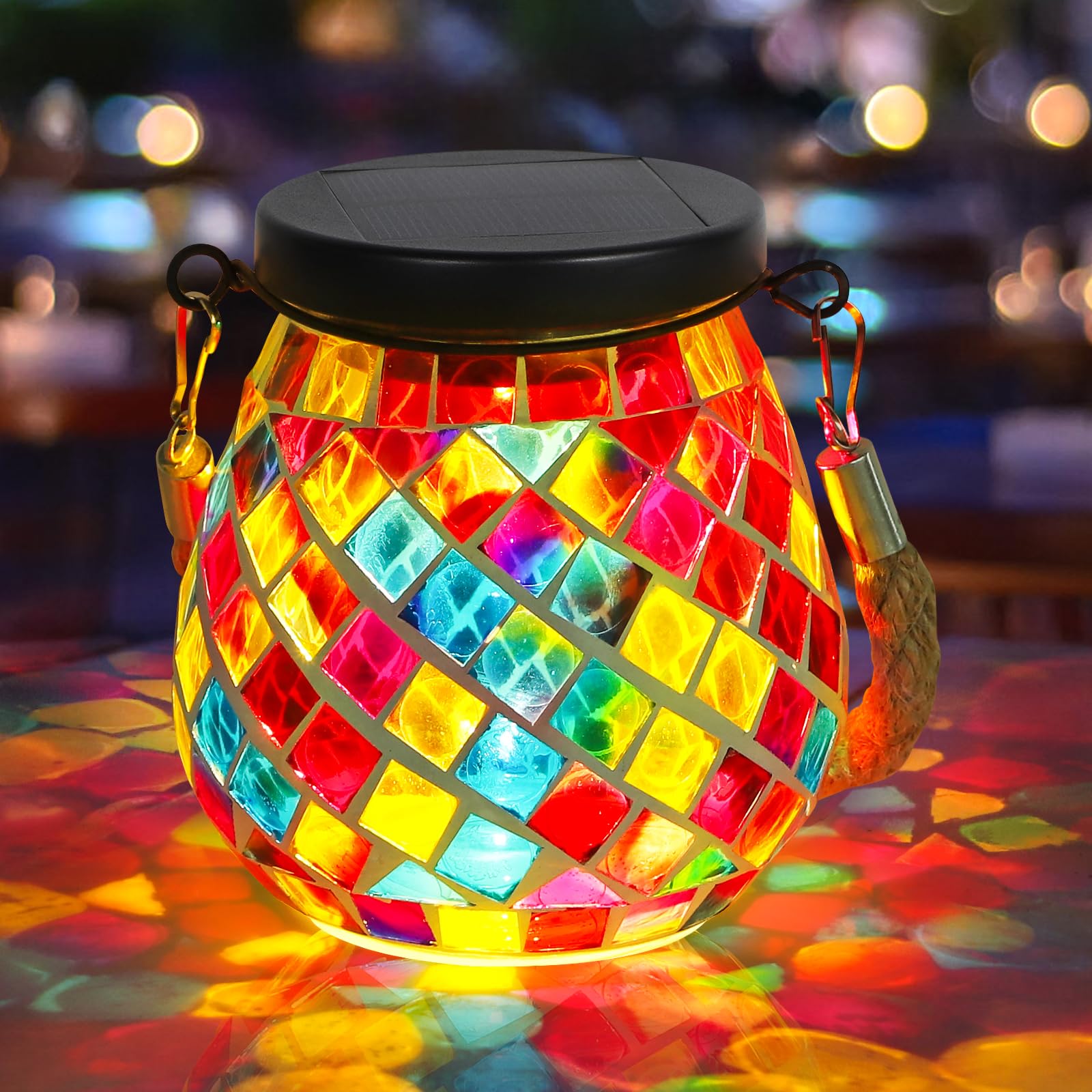 Mosaic Solar Lanterns Lights Outdoor: IP65 Outdoor Waterproof Hanging Tabletop Decorative Table Lamps for Patio Porch Lawn Garden Yard, 2 LED Warm White and RGB - Red Square