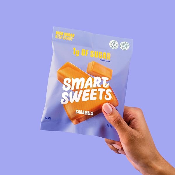 SMARTSWEETS CARAMEL CANDIES, 1.6OZ (PACK OF 12), CREAMY CANDY WITH LOW SUGAR (1G), LOW CALORIE (140), PLANT BASED, GLUTEN FREE, NO ARTIFICIAL COLORS OR SWEETENERS, HEALTHY SNACK FOR KIDS & ADULTS