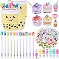 Sabary 228 Pcs Kawaii Stationary Set Include Telescopic Pencil Pouch Case Bag Gel Ink Pen Sticky Note Bubble Tea Sticker Pill Highlighter Stationary Cute School Supplies for Christmas(Bright)