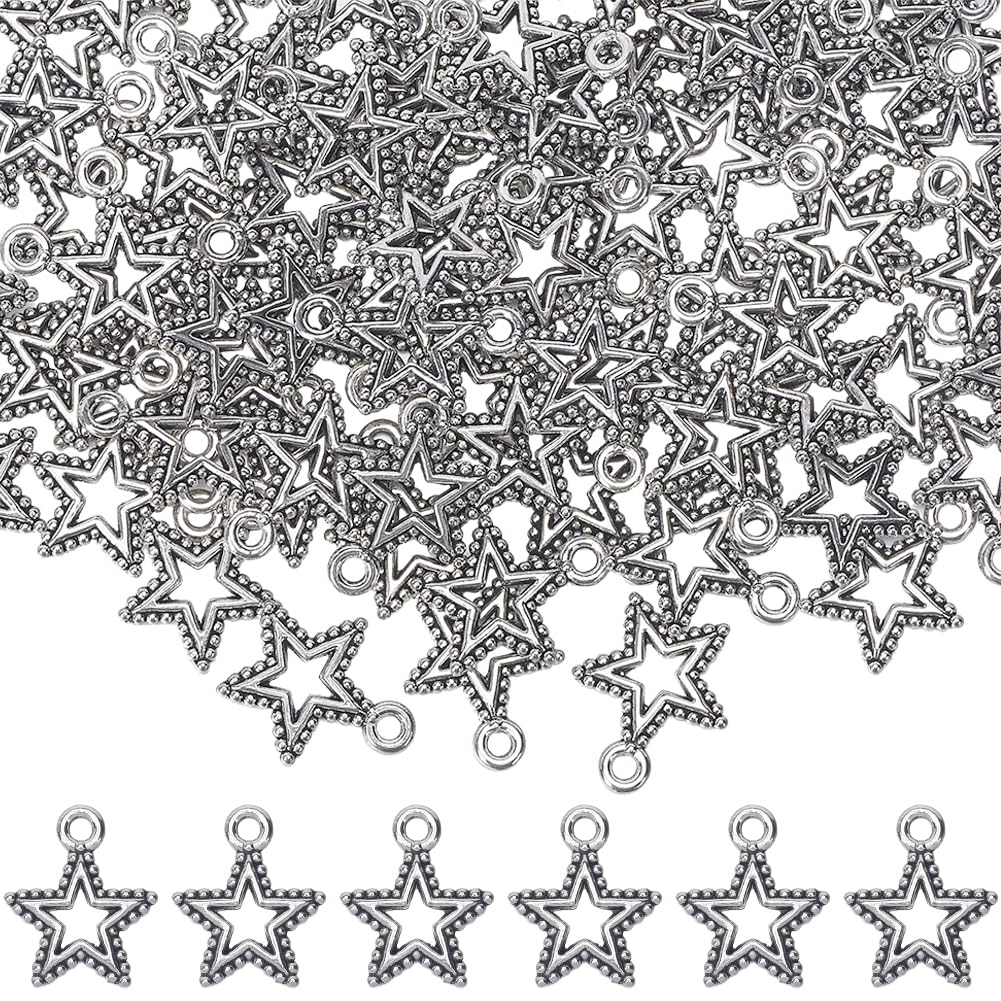 SUNNYCLUE 1 Box 100Pcs Pentagram Charm Silver Stars Charm Bulk Tibetan Alloy Small Metal Beads Five Pointed Star Charm for jewellery Making Charms Supplies DIY Crafting Necklace Bracelets Earrings