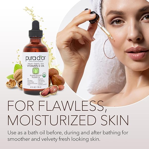 PURA D’OR 4 OZ ORGANIC VITAMIN E OIL BLEND 70,000 IU – 100% NATURAL HEXANE FREE, SWEET ALMOND, APRICOT, JOJOBA, ARGAN, ROSEHIP, SUNFLOWER & AVOCADO BATH OIL FOR SCARS, SKIN, FACE & FULL BODY