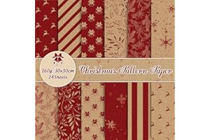 Whaline 24 Pack Christmas Pattern Papers Rustic Xmas Scrapbook Paper 12 Designs Double-Sided Kraft Red Craft Paper Folded Flat for DIY Card Making Photo Album Decor