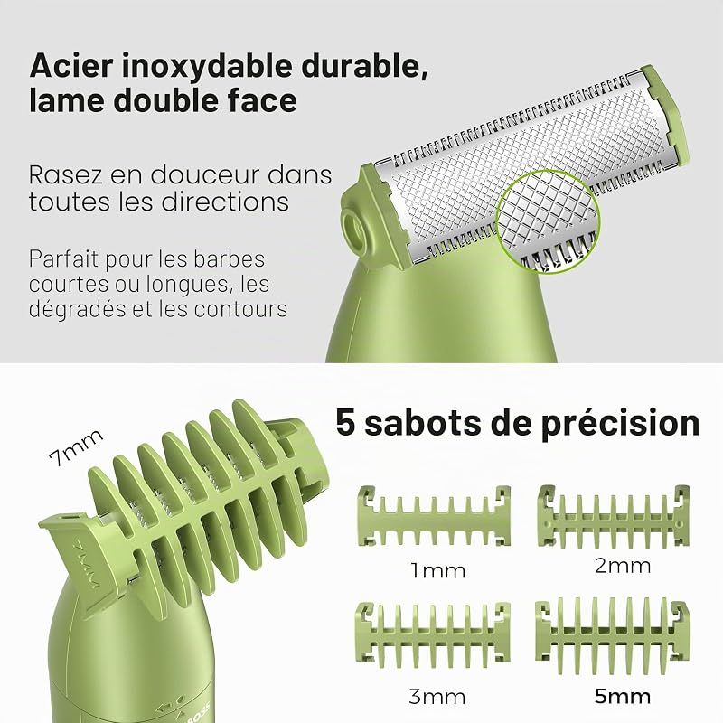 Tondeuse de précision 3-en-1 pour homme, kit de soins pour barbe et cheveux, tondeuse corps, tondeuse nez et oreilles, rasoir sans fil rechargeable avec chargement USB (Vert)