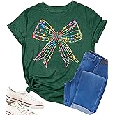 Christmas Shirts for Women Bow Christmas Tee Coquette Bow Shirt Xmas Lights Tshirt Holiday Vacation Casual Outfit